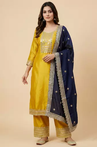 Yellow designer chinon sequins embroidered work readymade suit