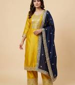 Yellow designer chinon sequins embroidered work readymade suit