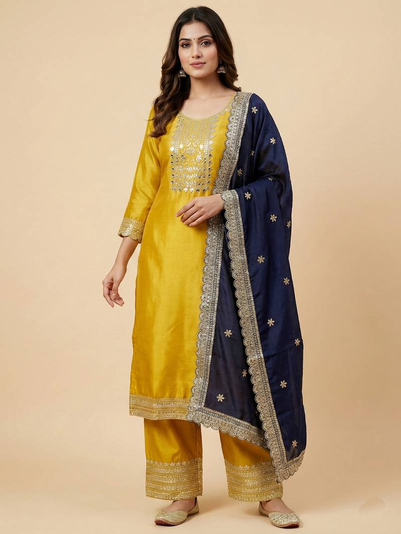 Yellow designer chinon sequins embroidered work readymade suit