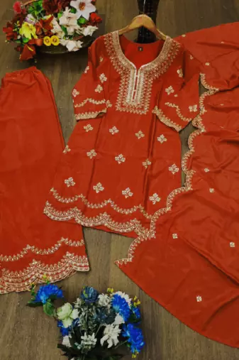 Orange designer natural crepe sequins embroidered work readymade suit