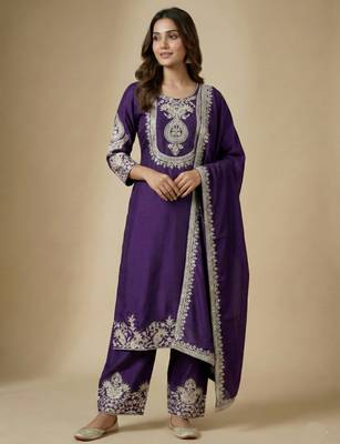 Purple designer chinon sequins embroidered work readymade suit 2
