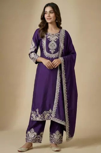 Purple designer chinon sequins embroidered work readymade suit