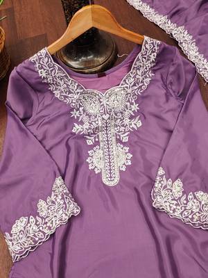 Lavender designer natural crepe sequins embroidered work readymade suit 4