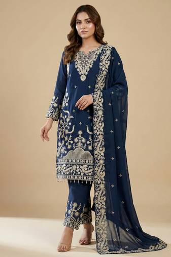 Blue designer fox georgette sequins embroidered work readymade suit