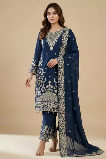 Blue designer fox georgette sequins embroidered work readymade suit