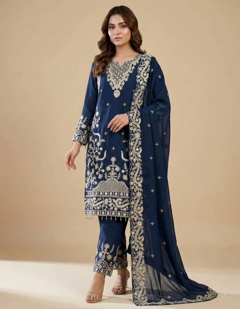 Blue designer fox georgette sequins embroidered work readymade suit