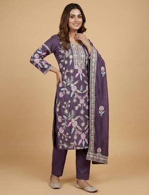 Purple designer chinon sequins embroidered work readymade suit 2