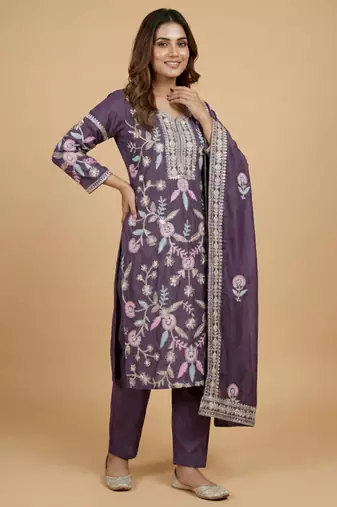 Purple designer chinon sequins embroidered work readymade suit