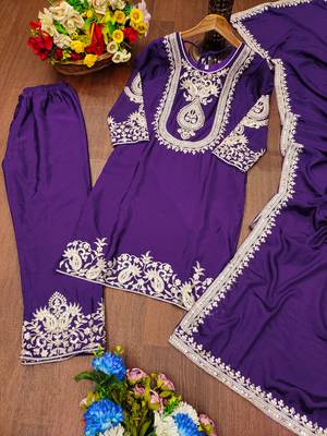 Purple designer chinon sequins embroidered work readymade suit 3