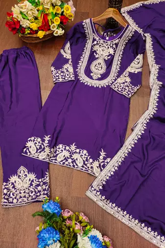 Purple designer chinon sequins embroidered work readymade suit