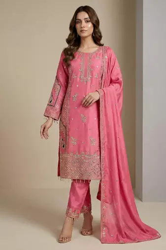 Pink designer chinon sequins embroidered work readymade suit