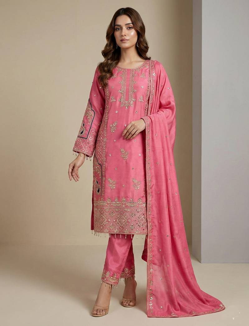 Pink designer chinon sequins embroidered work readymade suit