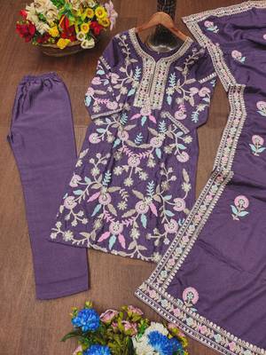 Purple designer chinon sequins embroidered work readymade suit 3