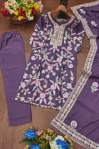 Purple designer chinon sequins embroidered work readymade suit