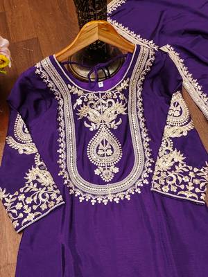Purple designer chinon sequins embroidered work readymade suit 4