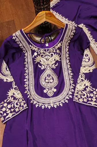 Purple designer chinon sequins embroidered work readymade suit