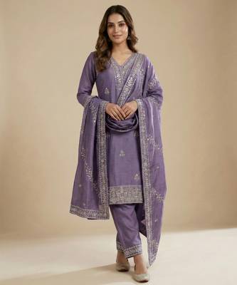 Lavender designer chinon sequins embroidered work readymade suit 2