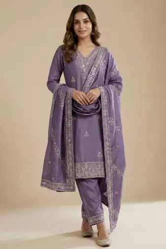 Lavender designer chinon sequins embroidered work readymade suit