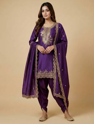 Purple designer chinon sequins embroidered work readymade suit 1