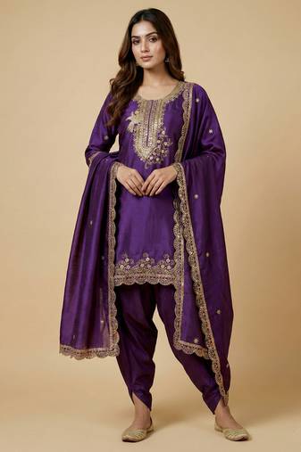 Purple designer chinon sequins embroidered work readymade suit