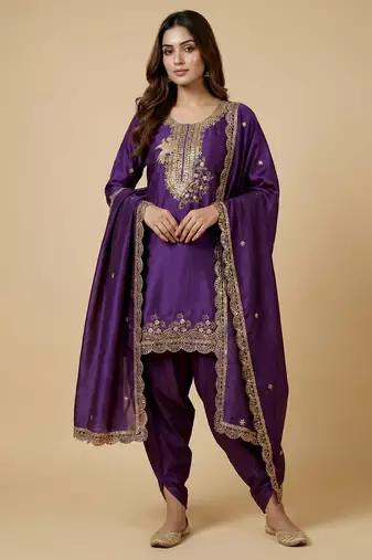 Purple designer chinon sequins embroidered work readymade suit