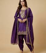 Purple designer chinon sequins embroidered work readymade suit
