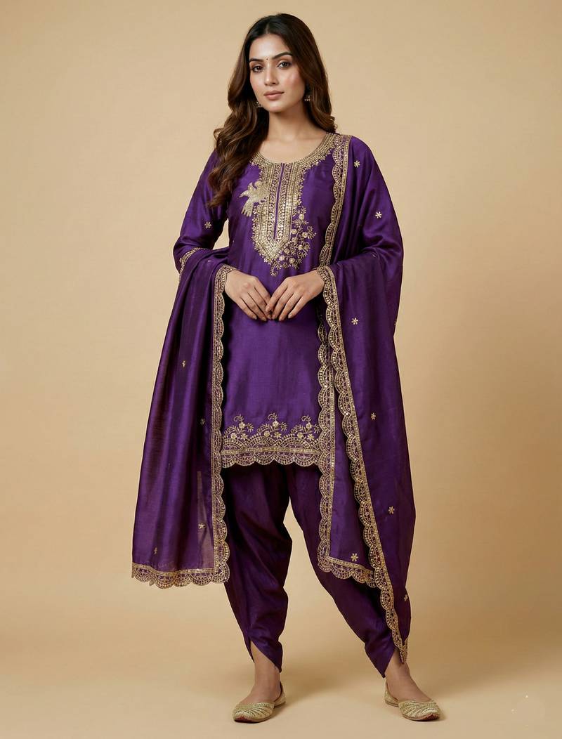 Purple designer chinon sequins embroidered work readymade suit