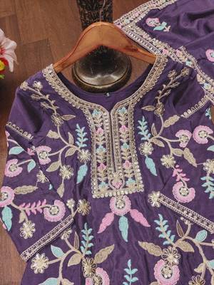 Purple designer chinon sequins embroidered work readymade suit 4