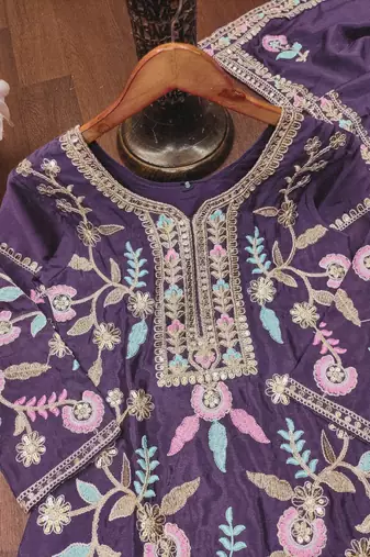Purple designer chinon sequins embroidered work readymade suit