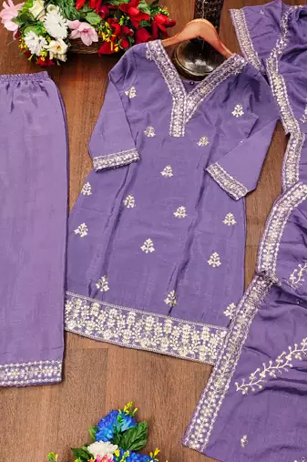 Lavender designer chinon sequins embroidered work readymade suit