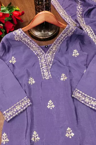 Lavender designer chinon sequins embroidered work readymade suit