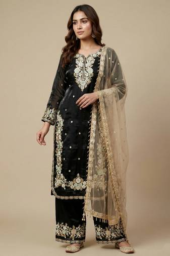 Black designer pure jimmy choo silk sequins embroidered work readymade suit