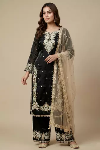 Black designer pure jimmy choo silk sequins embroidered work readymade suit