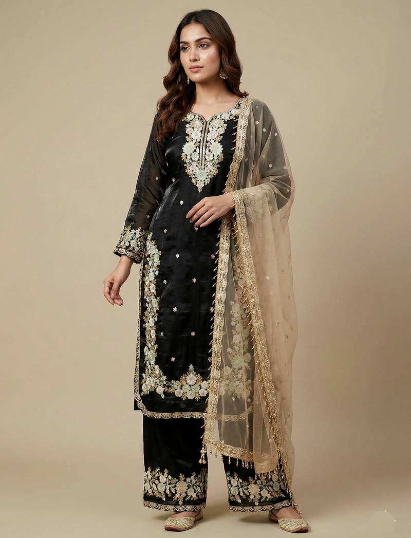 Black designer pure jimmy choo silk sequins embroidered work readymade suit