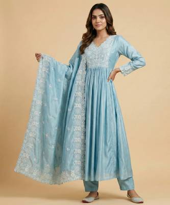 Sky blue designer chinon embroidered work readymade suit 2