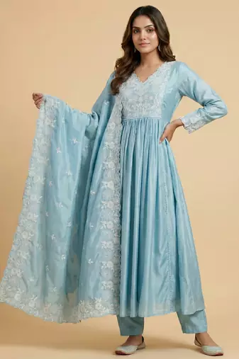 Sky blue designer chinon embroidered work readymade suit