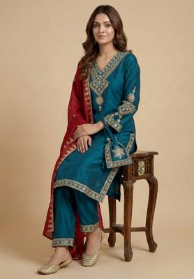 Teal designer chinon sequins embroidered work readymade suit 2