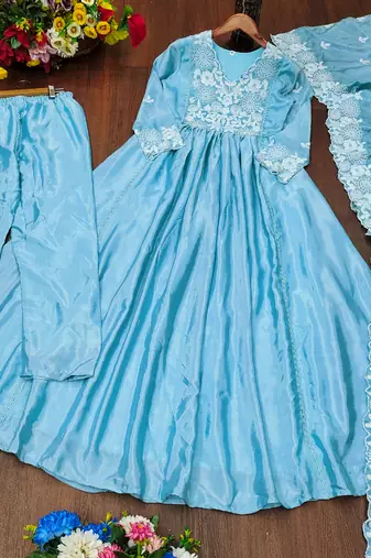Sky blue designer chinon embroidered work readymade suit