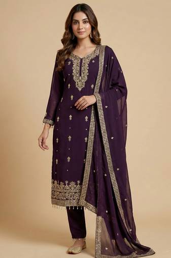 Wine designer fox georgette sequins embroidered work readymade suit