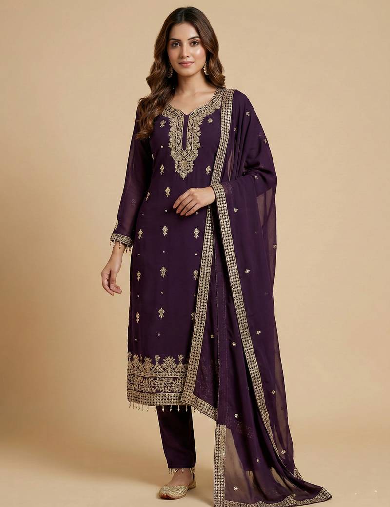 Wine designer fox georgette sequins embroidered work readymade suit