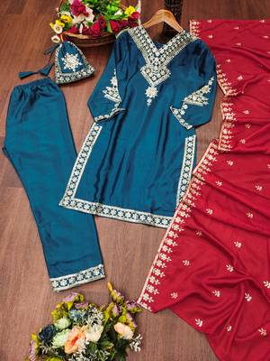 Teal designer chinon sequins embroidered work readymade suit 3
