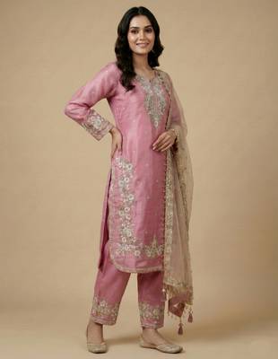 Pink designer pure jimmy choo silk sequins embroidered work readymade suit 2