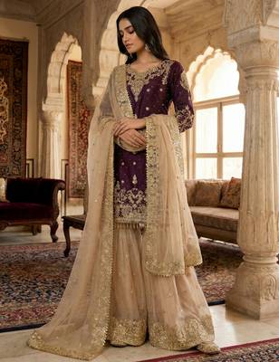 Wine designer heavy gmy silk sequins embroidered work readymade suit 2