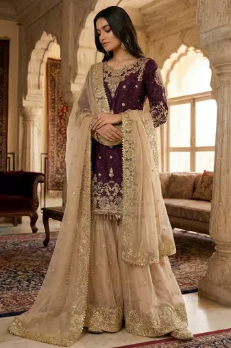 Wine designer heavy gmy silk sequins embroidered work readymade suit