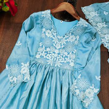 Sky blue designer chinon embroidered work readymade suit 4