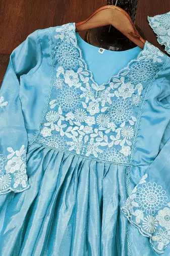 Sky blue designer chinon embroidered work readymade suit