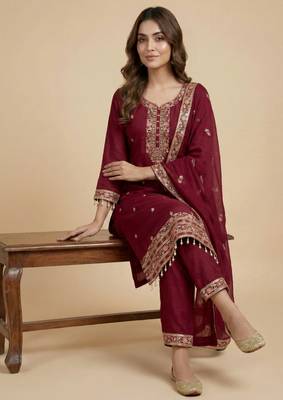 Pink designer blooming vichitra silk sequins embroidered work readymade suit 2