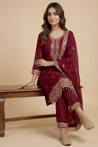 Pink designer blooming vichitra silk sequins embroidered work readymade suit