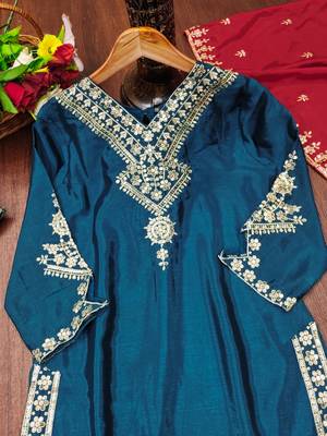 Teal designer chinon sequins embroidered work readymade suit 4