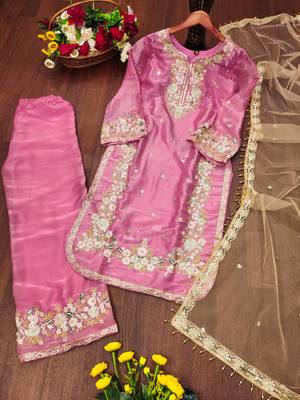 Pink designer pure jimmy choo silk sequins embroidered work readymade suit 3